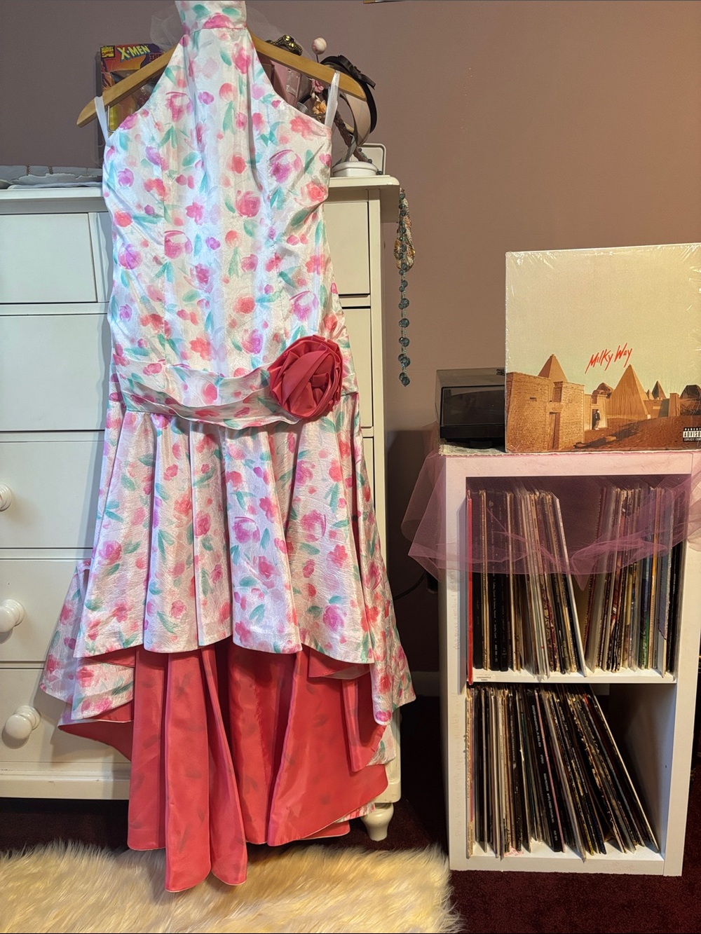 80s Vintage Pink Floral Hi Lo Dress Prom Formal Party Cocktail Fun Iconic Halter